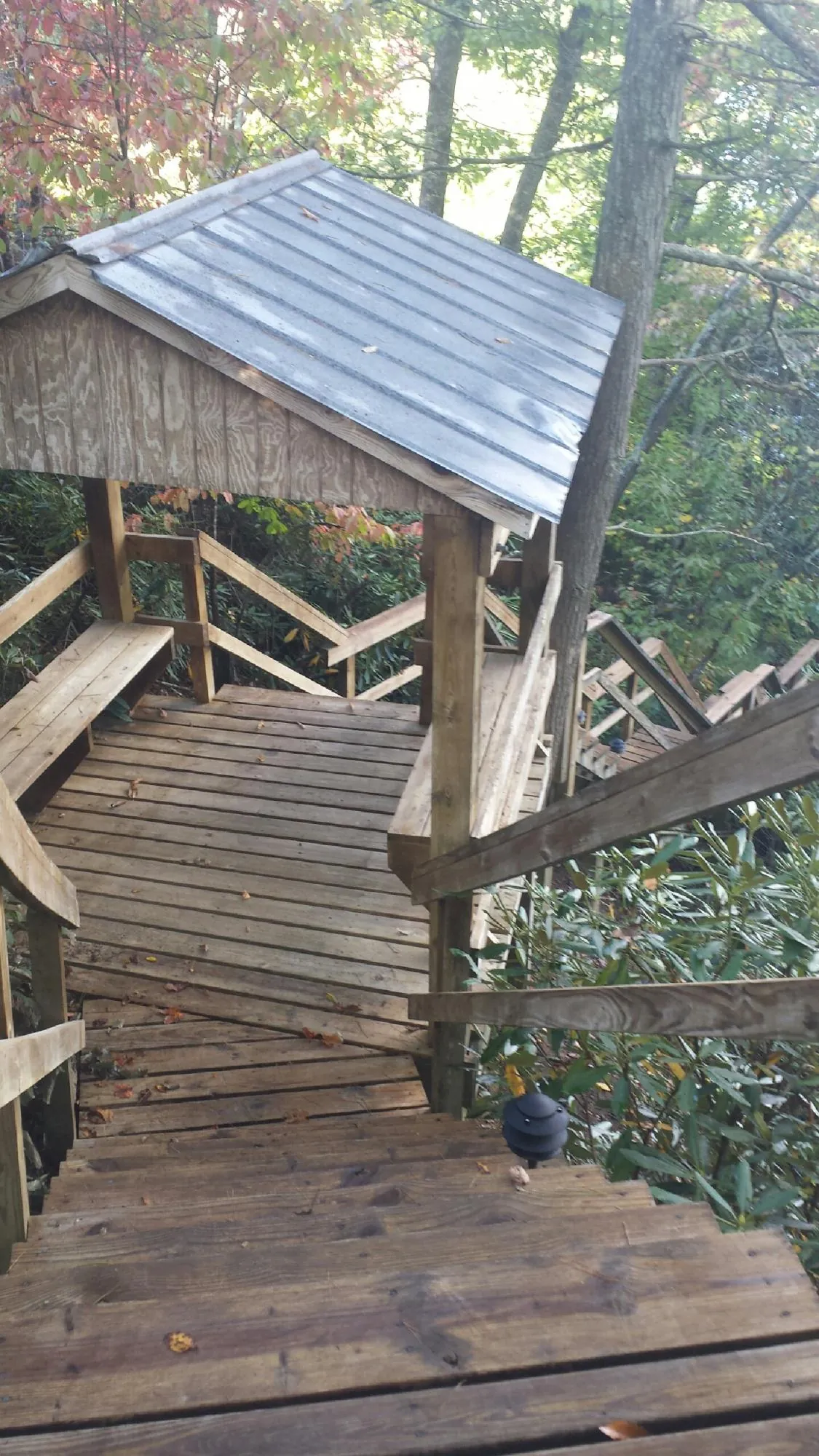 Metal roofed shelter over wooden steps on a wooded walkway — Skylight Repair & Installation work by our crew in Elk River